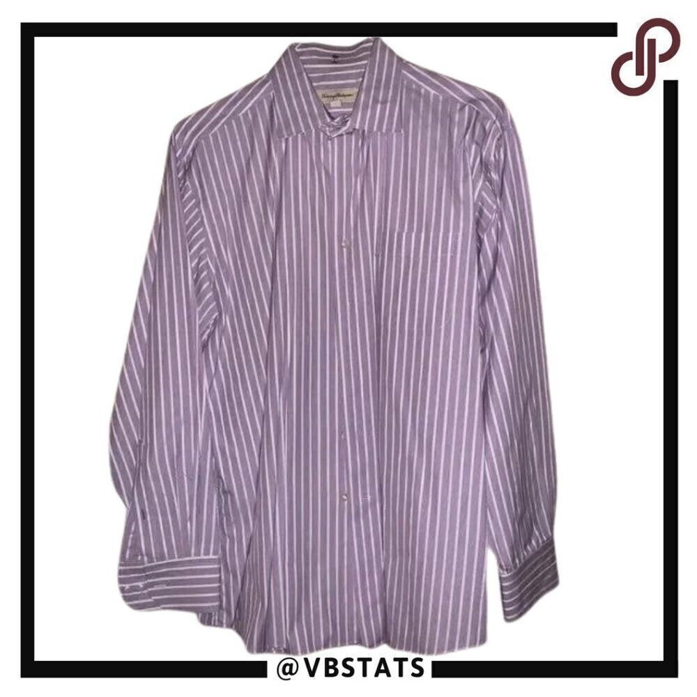 Tommy Bahama Mens Striped Dress Shirt Purple White Button Down Size 16 1/2 34 35